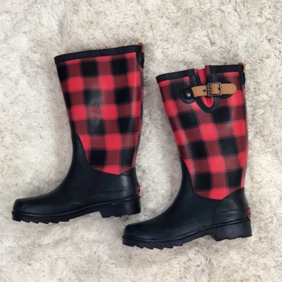 red buffalo plaid rain boots